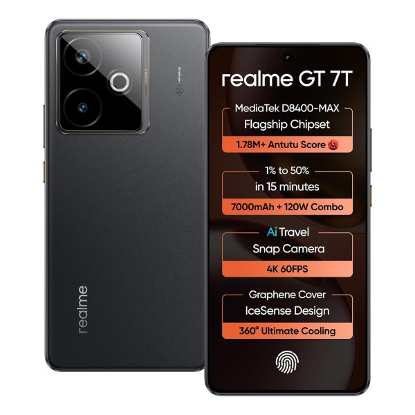 realme GT 7T (IceSense Black,12GB+512GB) | MediaTek D8400 MAX | Strongest Battery Combo 7000mAh + 120W | AI 4K 60FPS Travel Camera | 360° Cooling IceSense Design with Graphene | 6000 nits Display