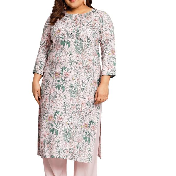 Tissu Women's Plus Size Baby Pink & Green Printed Kurta with Palazzo