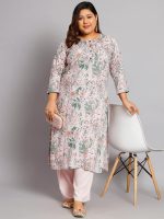 Tissu Women's Plus Size Baby Pink & Green Printed Kurta with Palazzo - Image 2
