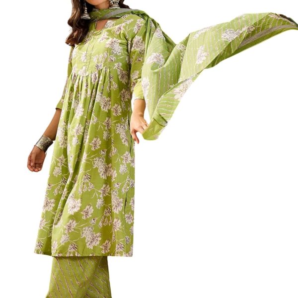EthnicJunction Women's Pure Cotton Floral Print Office Wear Straight Kurta Pant with Dupatta Set