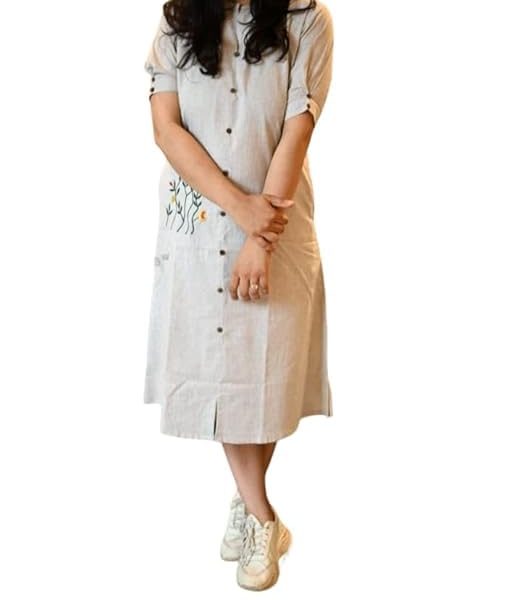 Preeson Women’s South Cotton Handloom Fabric Front Button Closed Button Woke and Embroidery Work Dress