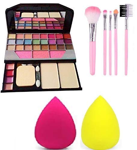 JAF 6155 Makeup kit and 5 Pieces Brush and 2 Pieces Blender Puff Combo - Multicolor