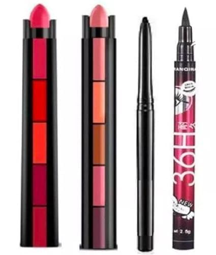 ZUKRAVE Professional Beauty Combo Of 2 Fabulous Matte Shades Lipstick 5 In 1, (Red + Nude) Edition Lipstick Set, 7.5G Each With 36H Eyeliner And 1 Kajal Pencil-(Pack Of 4),1 Count
