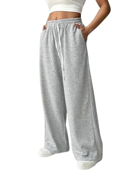 APRIX Women's High-Waist Wide-Leg Sweatpants | Soft & Breathable Fabric Elastic Waistband with Drawstring | Trendy Light Grey Joggers for Casual, Gym, Yoga & Travel