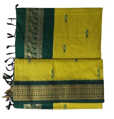 GK classic Lightweight Cotton Silk Saree | Women's Pure Kalyani Cotton Silk Saree with Zari Border and Blouse Piece (Lemon Green & Dark Green) Cotton Saree For Women Pack of 1