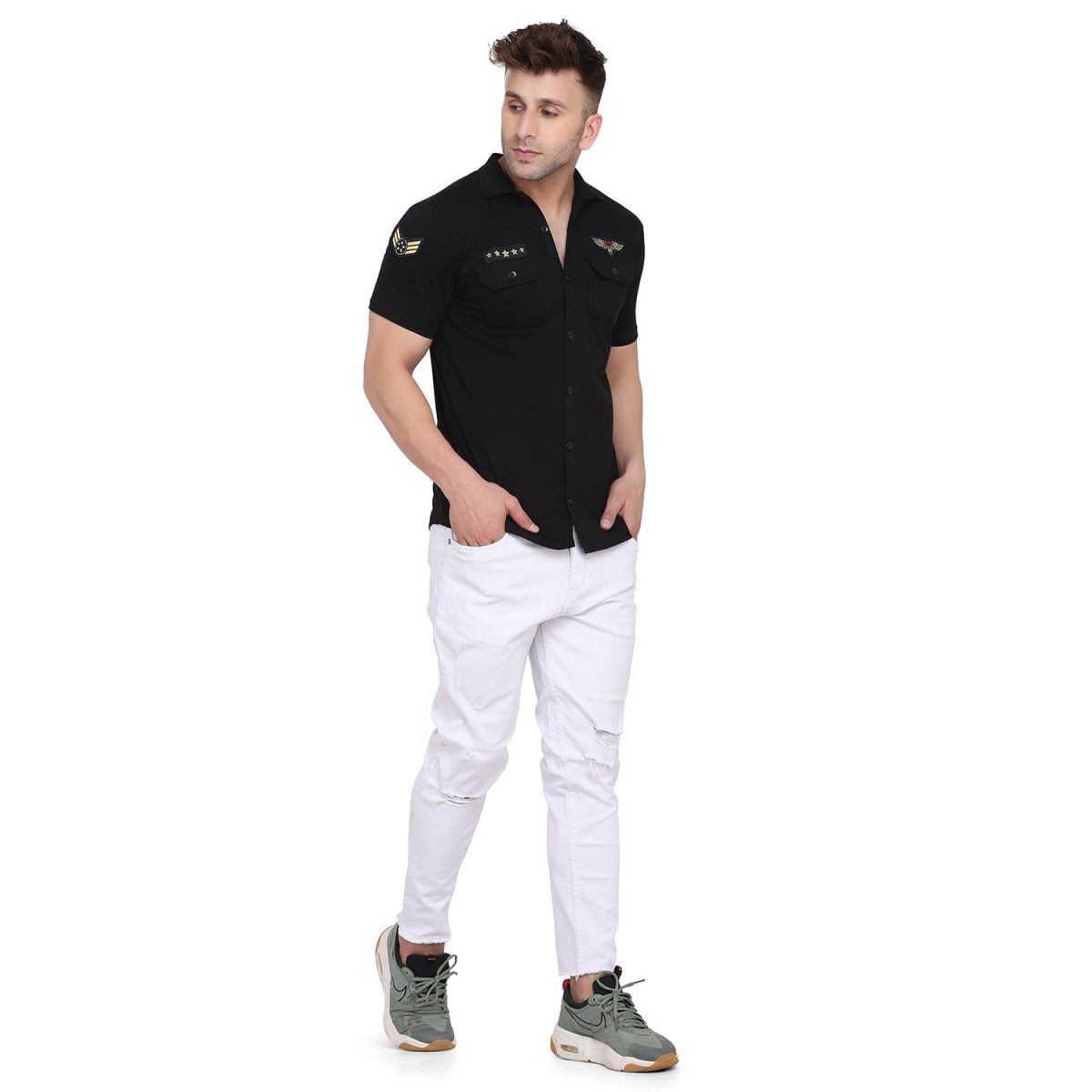 Tfurnish Men's Casual Spread Collar Shirt | Half Sleeve Slim Fit Button Down with Chest Flap Pockets & Stylish Badges - Image 5