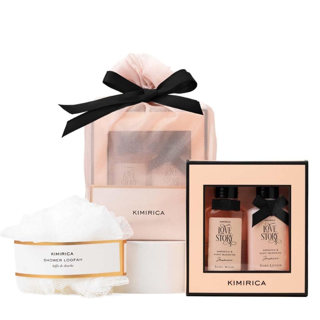 Kimirica "Nothing But Love Duo" Potli gift set | Fragnance of Gardenia and Night Blooming Jasmine | Perfect gift set | Contains Shower gel, Body Lotion, Loofah and Resuable Potli
