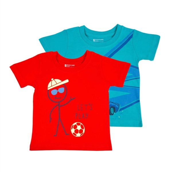 BODYCARE Kids Infantwear Boy's Red & Blue Printed Round Neck Regular Fit T-Shirt Pack Of 2,Cotton,12 Months-18 Months