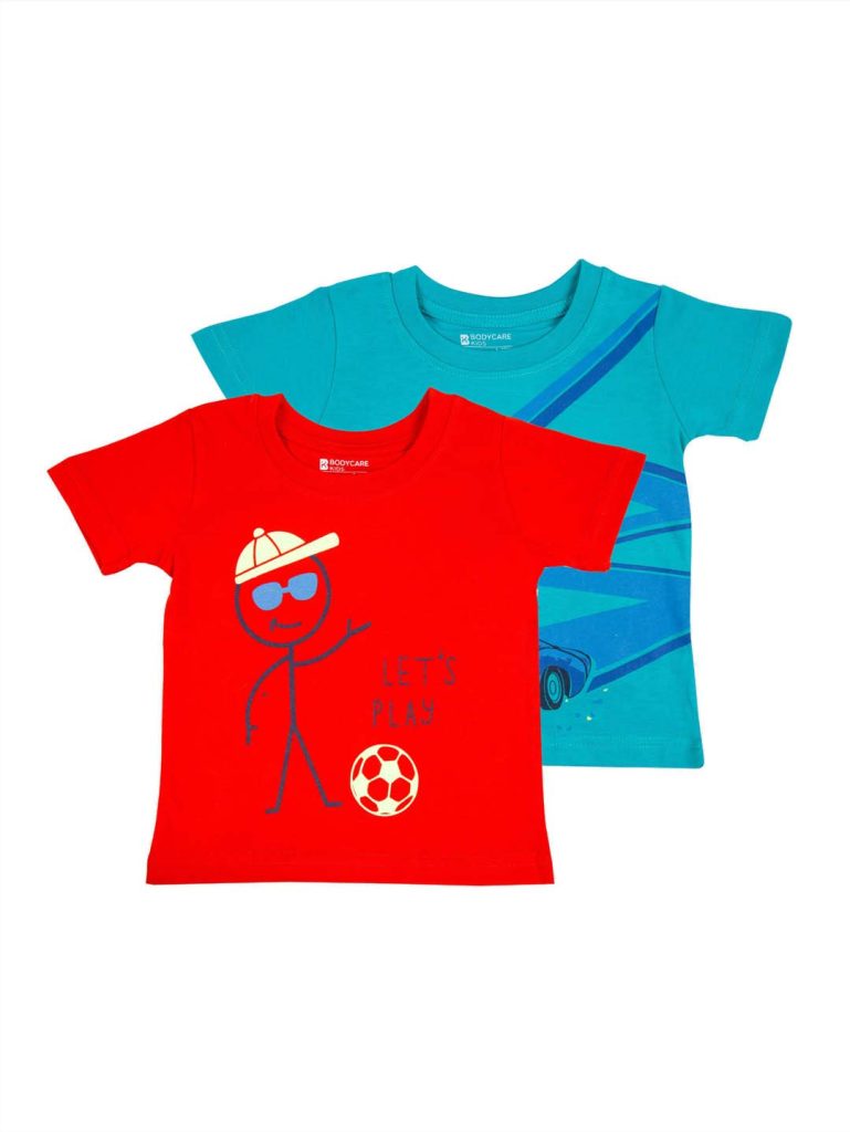 BODYCARE Kids Infantwear Boy's Red & Blue Printed Round Neck Regular Fit T-Shirt Pack Of 2,Cotton,12 Months-18 Months