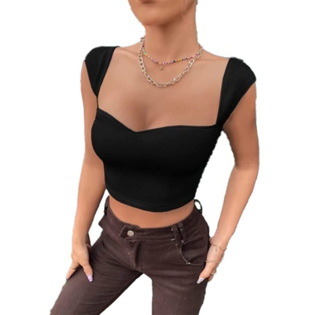GLARE & BLAIR Solid Sweetheart Neck Short Sleeves Ribbed Crop Tops for Women
