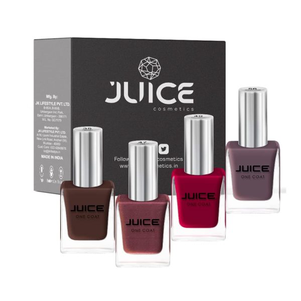 JUICE ONE COAT NAIL PAINT COMBO WOODLAND BROWN - 35, CARNATION PINK - 47, RED CURRENT - 49, WALNUT WOOD - 56 LONG LASTING 11ML EACH PACK OF 4