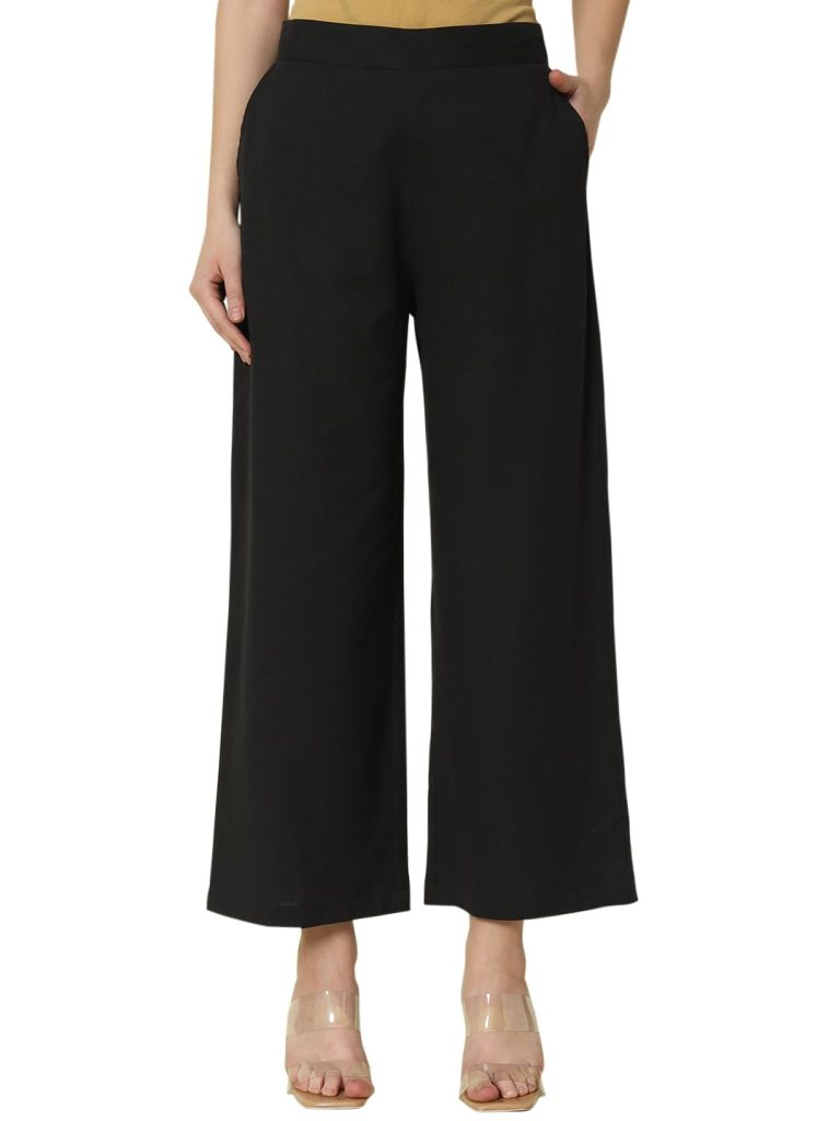 FIORRA Womens Loose Mid Rise Cotton Solid Palazzo