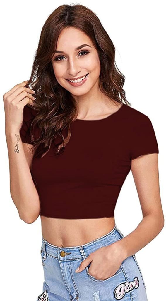 Dream Beauty Fashion Women's Casual Round Neck Short Sleeves Stylish Crop Top - 17" inches (Top Tani)