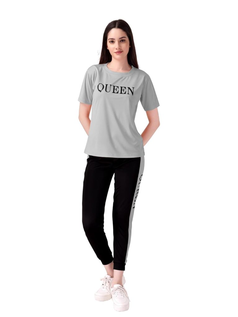 DTR FASHION® Lycra Blended QUEEN Letter Printed Tracksuit Co-ord Sets for Women_TS_QUEEN_NEW