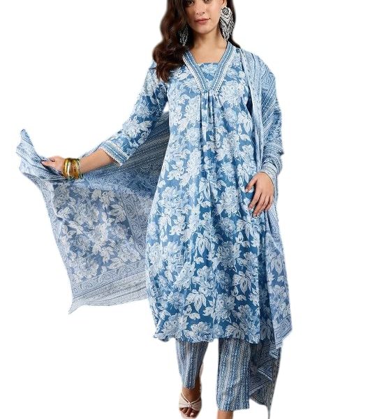 KASOOTI Women Floral Printed Pure Cotton A-Line Kurta With Trousers & Dupatta|Ethnic Set | Dupatta Set | Kurta Set |