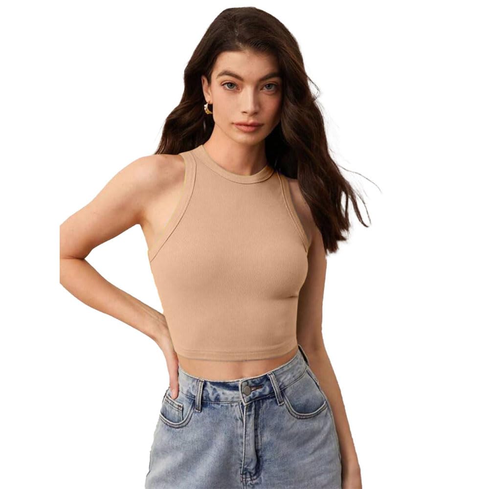 GLARE & BLAIR Solid Round Neck Sleeveless Casual Ribbed Crop Tank Top for Women
