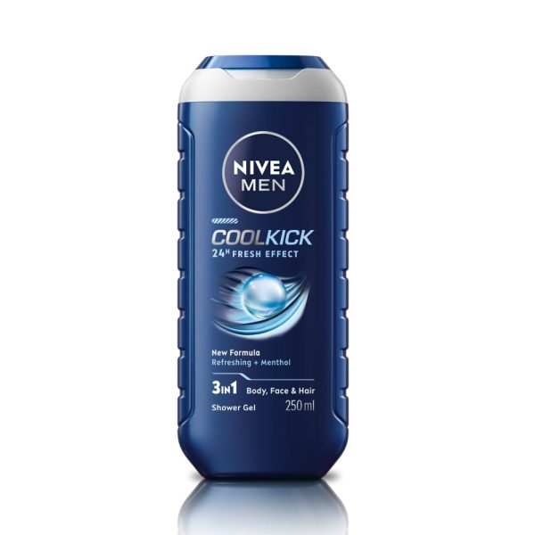 NIVEA Men Body Wash, Cool Kick with Refreshing Icy Menthol, Shower Gel for Body, Face & Hair, 250 ml