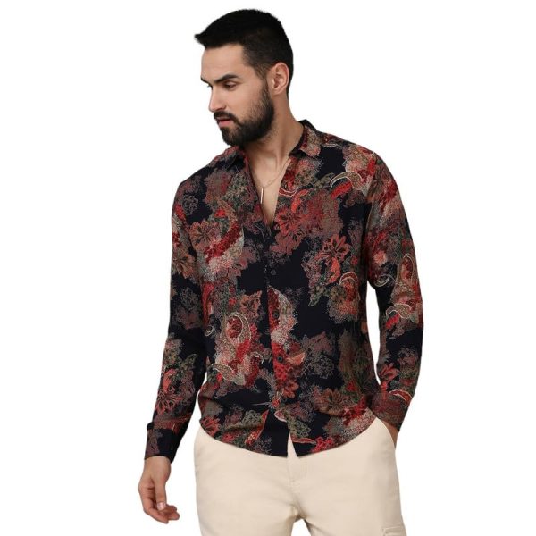 Campus Sutra Men's Polyester Blend Regular Fit Self-Design Striped Shirt for Casual Wear | Spread Collar | Long Sleeve | Button Closure | Shirt Crafted with Comfort Fit for Everyday Wear