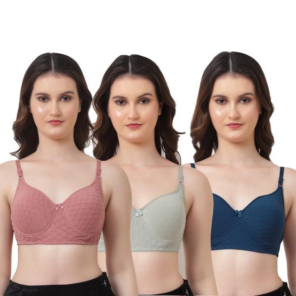 Emavic Women's Cotton Blend Lightly Padded Non-Wired Printed T-Shirt Bra Combo Pack of 3