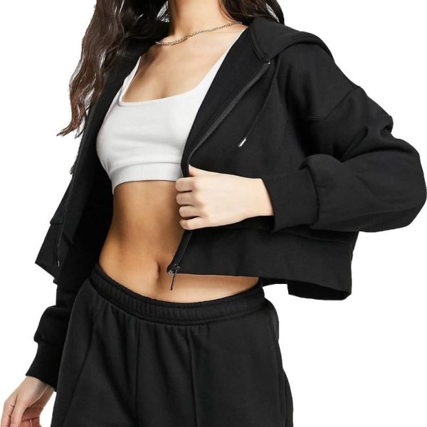 Prachikfashions Solid Long Hooded Neck Hoodie Zipper Crop Jacket for Women's | Black, S