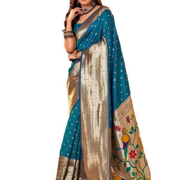 Satrani Women's Silk Dual Tone Paithani Jacquard Saree with Unstitched Blouse Piece