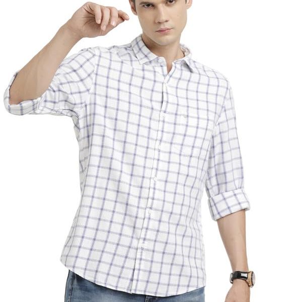 Turtle Men 100% Cotton Slim Fit White Check Casual Shirt