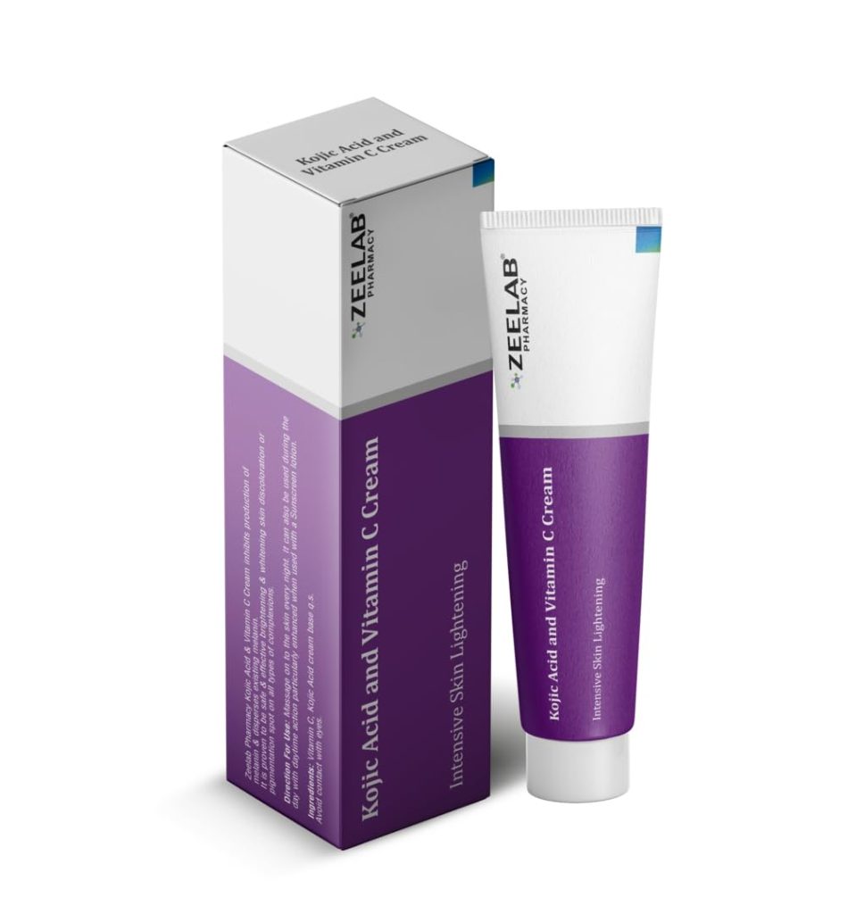 Zeelab Kojic Acid 2% and Vitamin C Cream – Advanced Formula for Pigmentation, Dark Spots, Age Spots, Acne Marks & Uneven Skin Tone – 20g Tube
