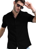 LEOTUDE Men's Cotton Blend Solid Half Sleeve Slim Fit Shirt For Men - Image 4