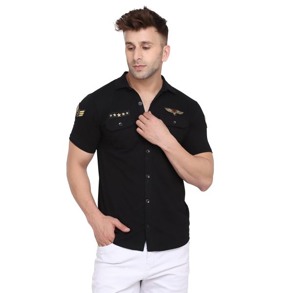 Tfurnish Men's Casual Spread Collar Shirt | Half Sleeve Slim Fit Button Down with Chest Flap Pockets & Stylish Badges