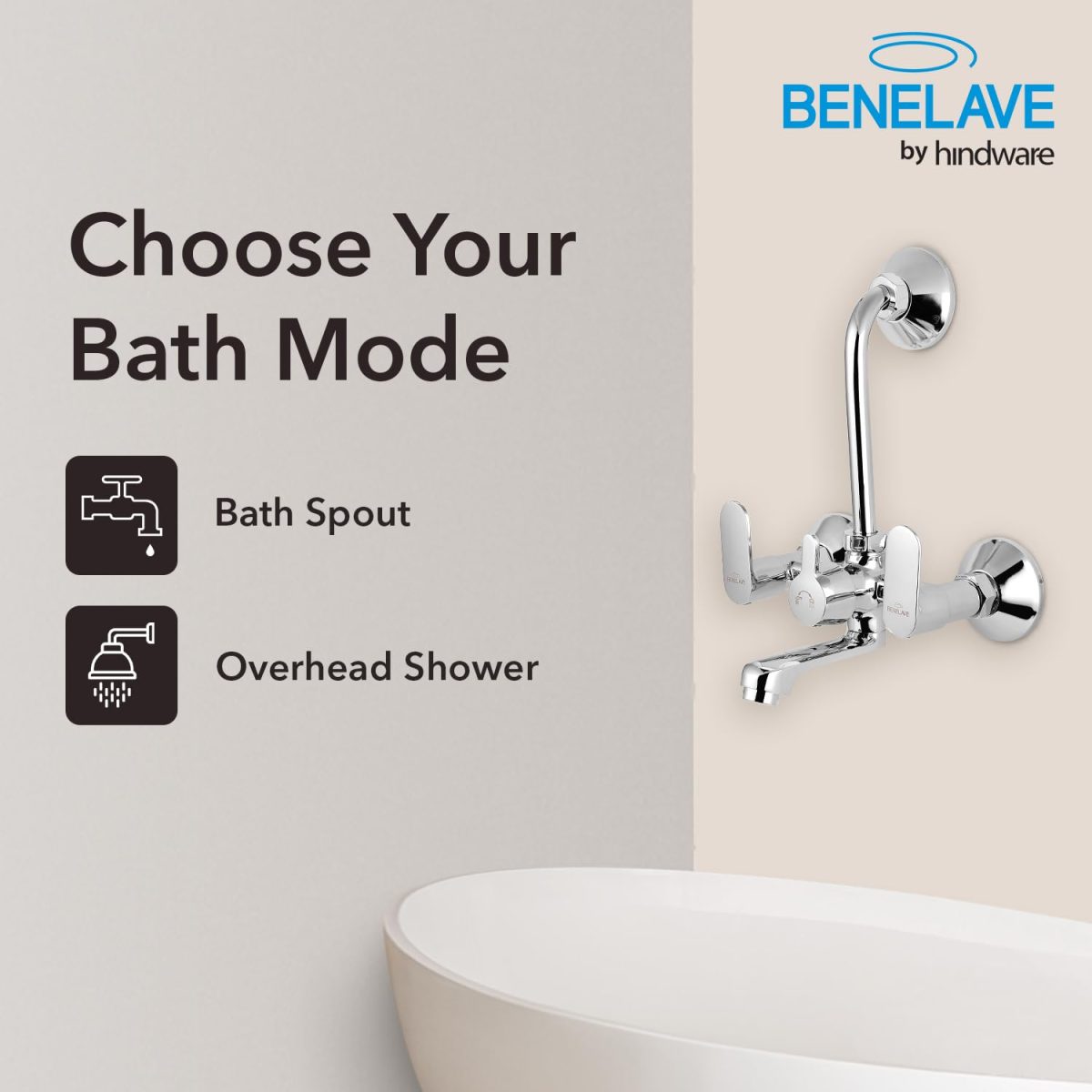 Benelave by Hindware Volga Brass Wall Mixer for Bathroom with Stainless Steel L-Bend Provision for Overhead Shower, Chrome Finish | 7-Year Manufacturer Warranty - Image 4