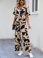 Gufrina Women's Geometric Print Co-ords Set - Short Sleeve Open Collar Shirt and Wide-Leg Pants Ensemble - Image 3