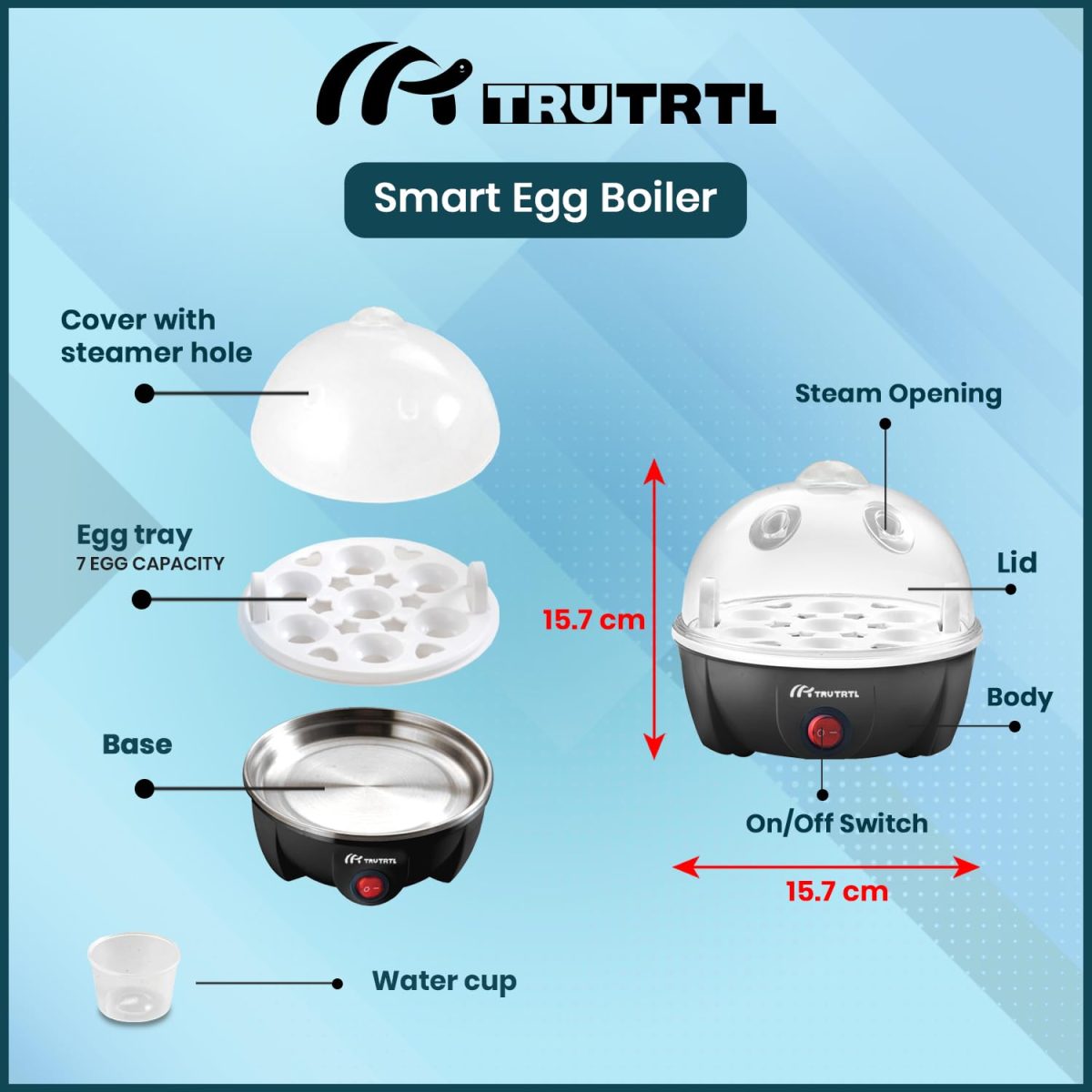 truTRTL Smart Instant Egg Boiler Machine 350 Watts | Boil upto 7 Eggs (Hard, Medium, Soft) | Automatic, Overheat Protection | Black| Plastic| 414 ml - Image 4