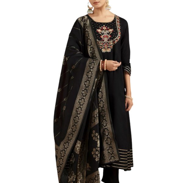 Kaari Women's Kurta Set with Dupatta - Anarkali Style | Gown Length | Placement Neck Embroidery & Gota Border | Rich Brocade Dupatta | Straight Pant | Kurta Set For Women
