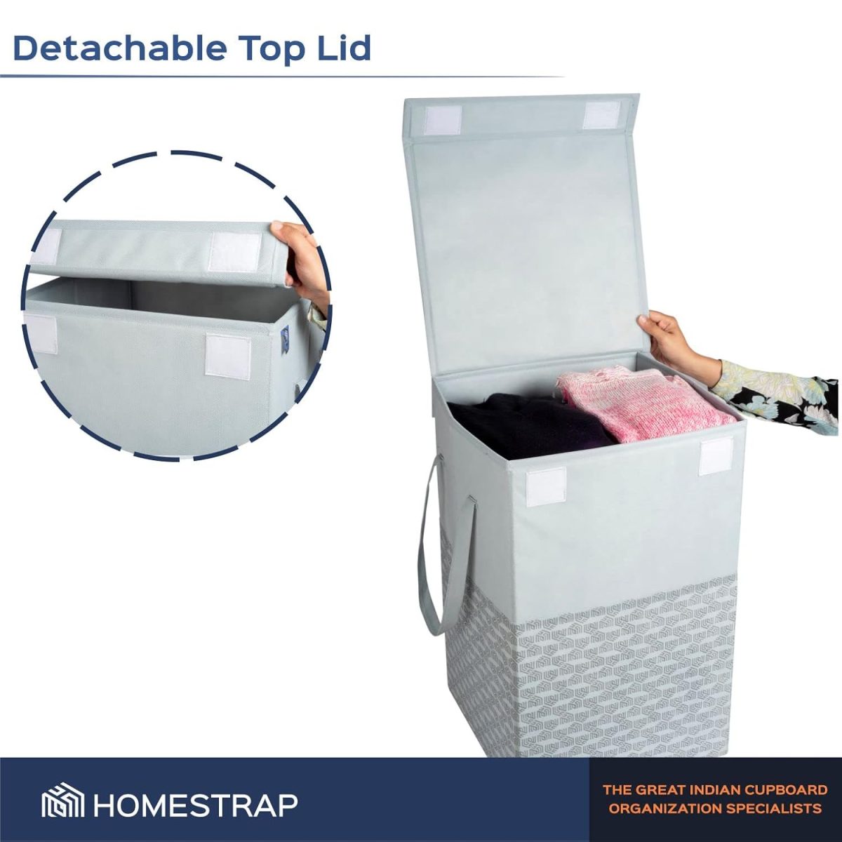 Homestrap 75 LTR Foldable Laundry Basket | Printed Laundry Bag with Lid Front Handle | Non-Woven Toy Organiser | Washing Cloth Laundry Bin(Grey)(Polypropylene) - Image 6
