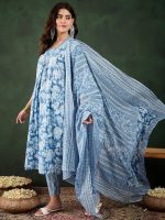 KASOOTI Women Floral Printed Pure Cotton A-Line Kurta With Trousers & Dupatta|Ethnic Set | Dupatta Set | Kurta Set | - Image 4