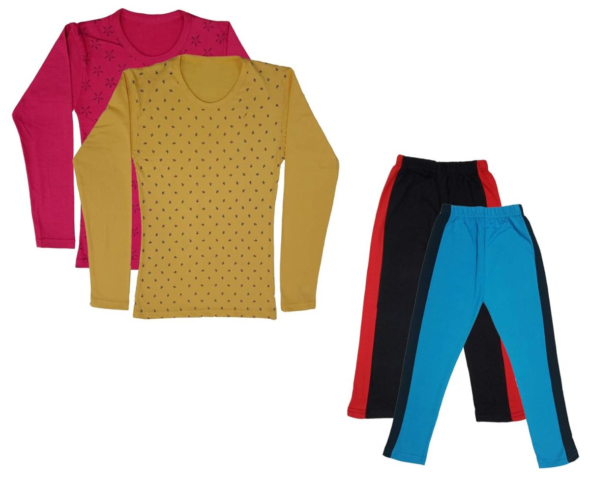 IndiWeaves Girls Cotton Full Sleeve Printed T-Shirts and Cotton Capri 3/4 Pants (Black,Sky Blue,Magenta,Yellow,12-13 Years) Pack of 4