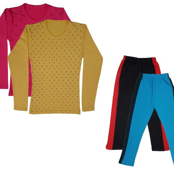IndiWeaves Girls Cotton Full Sleeve Printed T-Shirts and Cotton Capri 3/4 Pants (Black,Sky Blue,Magenta,Yellow,12-13 Years) Pack of 4