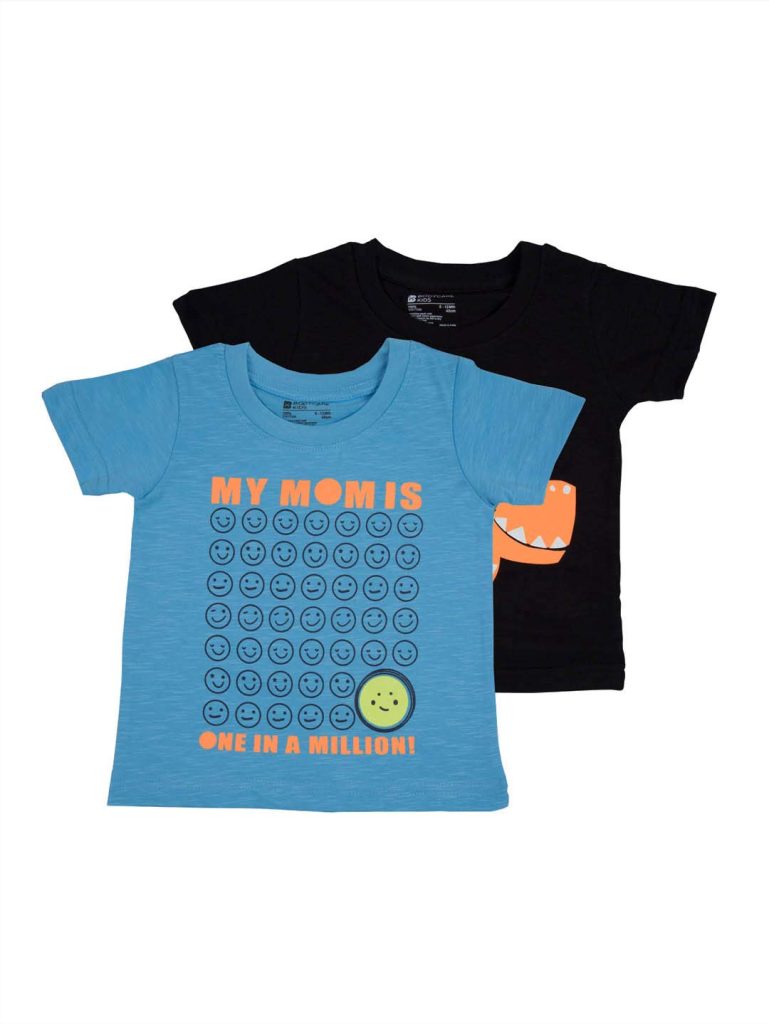 BODYCARE Kids Infantwear Boy's Black & Blue Printed Round Neck Regular Fit T-Shirt Pack Of 2,Cotton,6 Months-12 Months