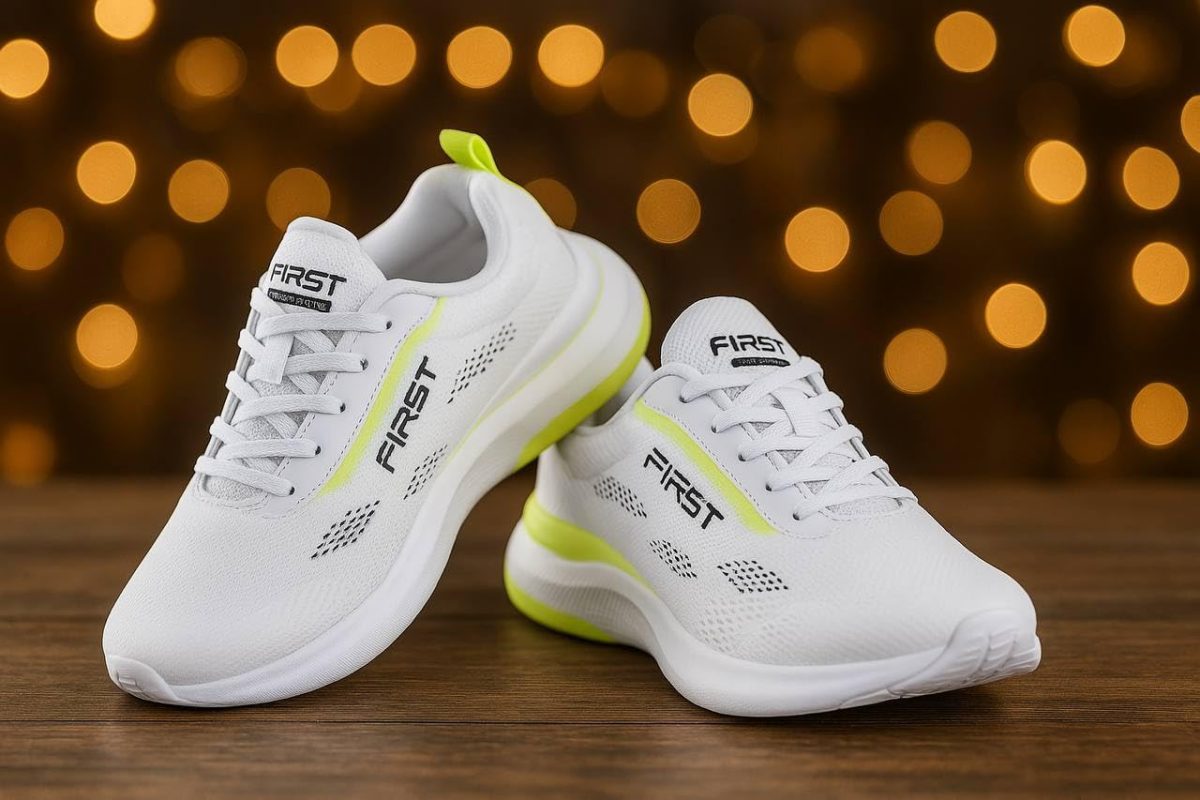Rapidflex Running Shoes, White with Neon Yellow Accents, Breathable Mesh Upper, PVC Sole, Lace-up Closure - Image 2