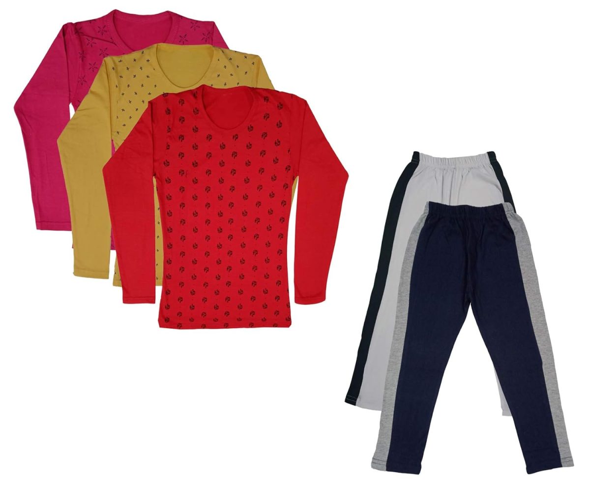 IndiWeaves Girls Cotton Full Sleeve Printed T-Shirts and Cotton Capri 3/4 Pants (White,Navy Blue,Magenta,Yellow,Red,11-12 Years) Pack of 5