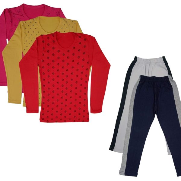 IndiWeaves Girls Cotton Full Sleeve Printed T-Shirts and Cotton Capri 3/4 Pants (White,Navy Blue,Magenta,Yellow,Red,11-12 Years) Pack of 5