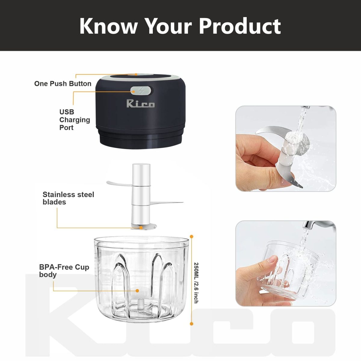 Rico Japanese Technology Wireless Mini Electric Chopper | 1 Year Replacement Warranty | Unbreakable Bowl | One Touch Operation | 10 Seconds for Mincing Garlic, Ginger, Onion, Vegetable, Meat - 250 ML - Image 7