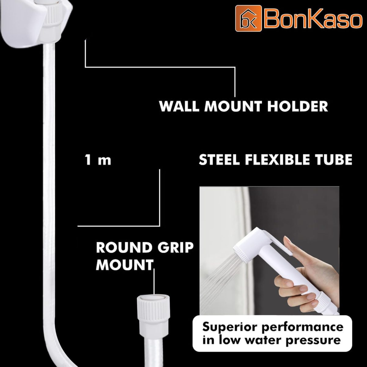 BonKaso HF Classic ABS Health Faucet with high Pressure 1 metre PVC Tube and Hook(White) - Jet Spray for Toilet - Image 4
