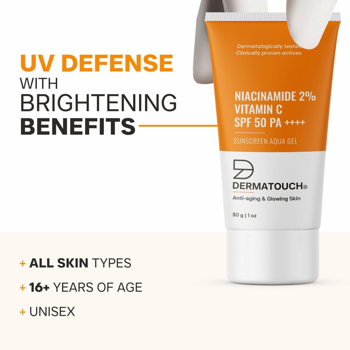 DERMATOUCH Niacinamide 2% Vitamin C Sunscreen for glowing skin | SPF 50+ PA ++++ | Quick Absorbing | Zero White Cast | 30g - Image 5