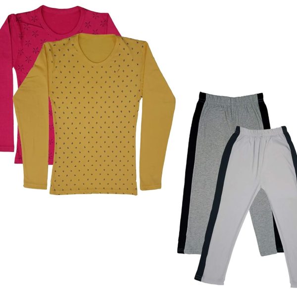 IndiWeaves Girls Cotton Full Sleeve Printed T-Shirts and Cotton Capri 3/4 Pants (Grey,White,Magenta,Yellow,6-7 Years) Pack of 4