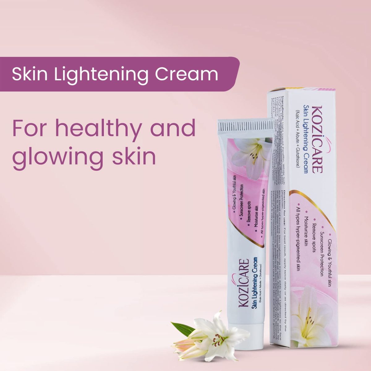 Kozicare Skin Lightening Non-Sticky Cream Lotion | Enriched with 3% Kojic Acid, 1% Alpha Arbutin, 1% Glutathione, 2% Niacinamide, 2% Vitamin C | Best for Melasma, Pigmentation, Dark/Age Spots, Uneven Skin Shade - 15gm (Pack of 4) (New Formula) - Image 2