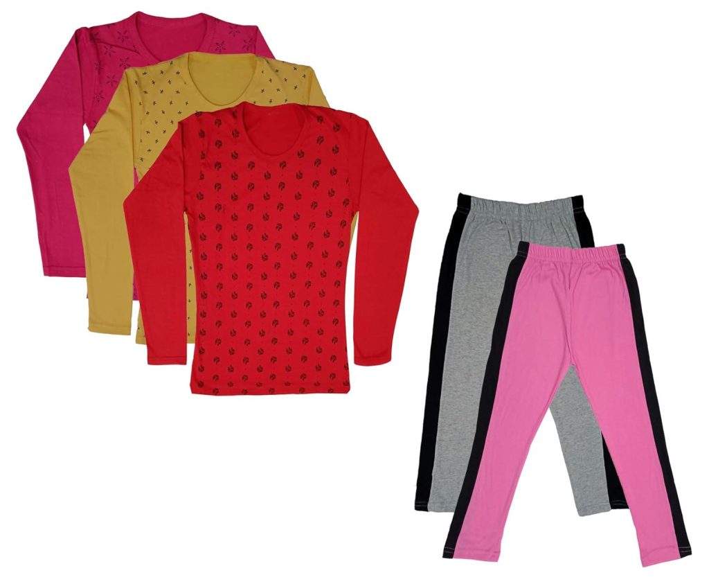 IndiWeaves Girls Cotton Full Sleeve Printed T-Shirts and Cotton Capri 3/4 Pants (Grey,Pink,Magenta,Yellow,Red,6-7 Years) Pack of 5