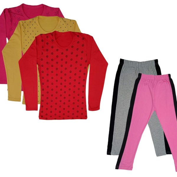 IndiWeaves Girls Cotton Full Sleeve Printed T-Shirts and Cotton Capri 3/4 Pants (Grey,Pink,Magenta,Yellow,Red,6-7 Years) Pack of 5