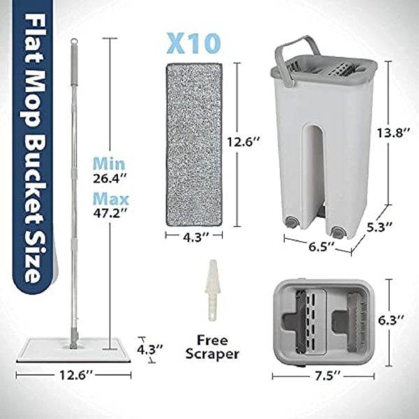 Mop Heavy Quality Floor Mop with Bucket, Flexible Kitchen tap Flat Squeeze Cleaning Supplies 360 Flexible Head/2 Reusable Pads Clean Home Floor Cleaning