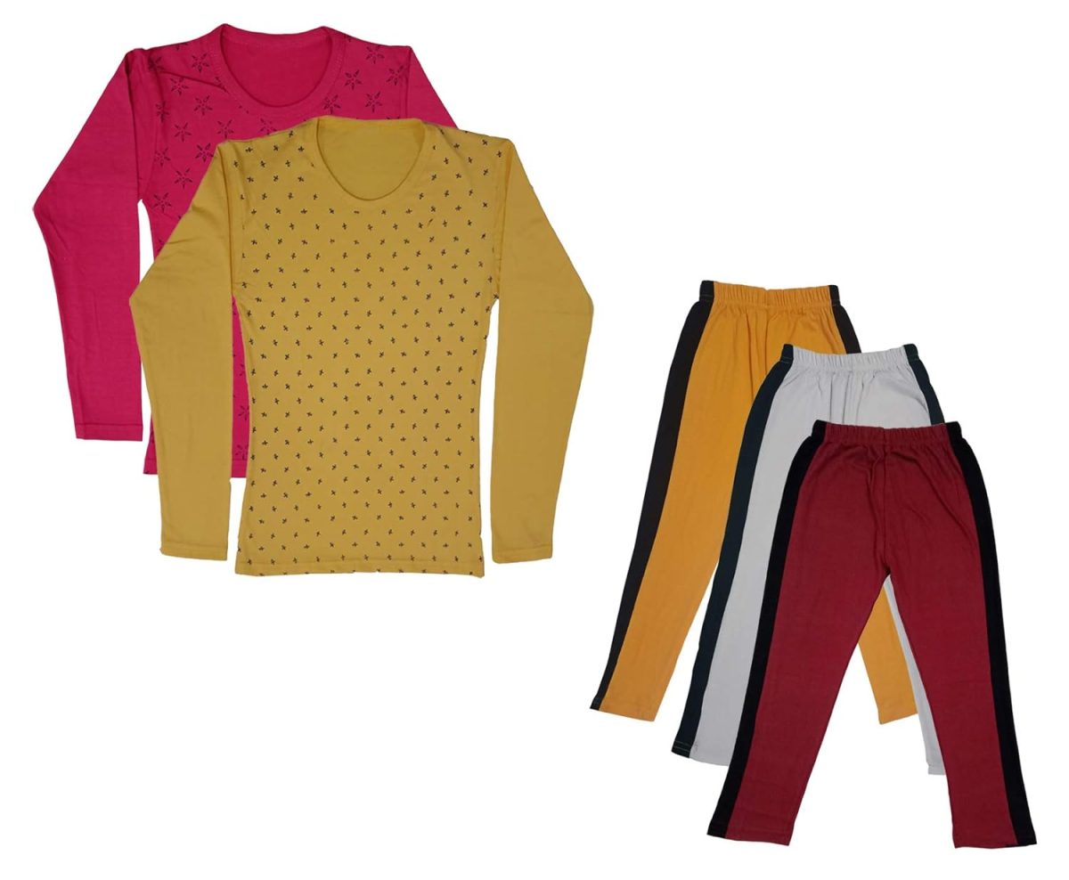 IndiWeaves Girls Cotton Full Sleeve Printed T-Shirts and Cotton Capri 3/4 Pants (Mustard,White,Maroon,Magenta,Yellow,8-9 Years) Pack of 5